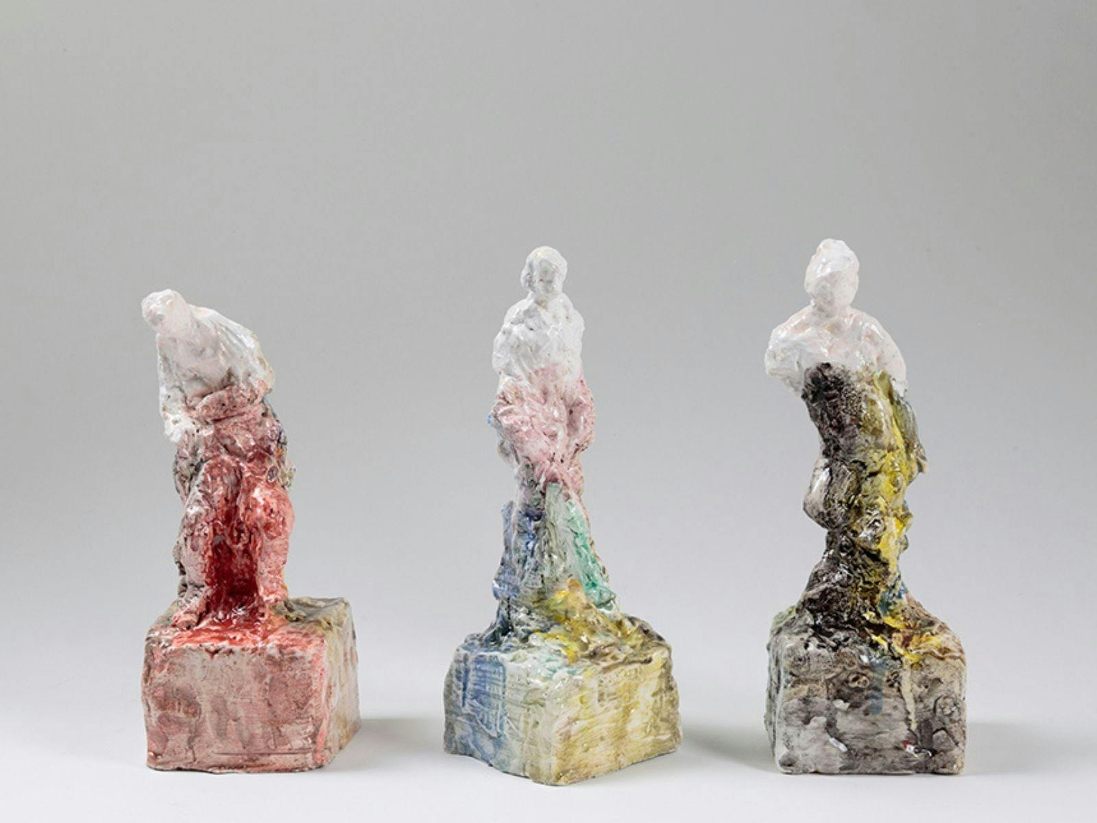 Stephen Benwell, image of three ceramics 'Red, Stocking & Dancer', 2022