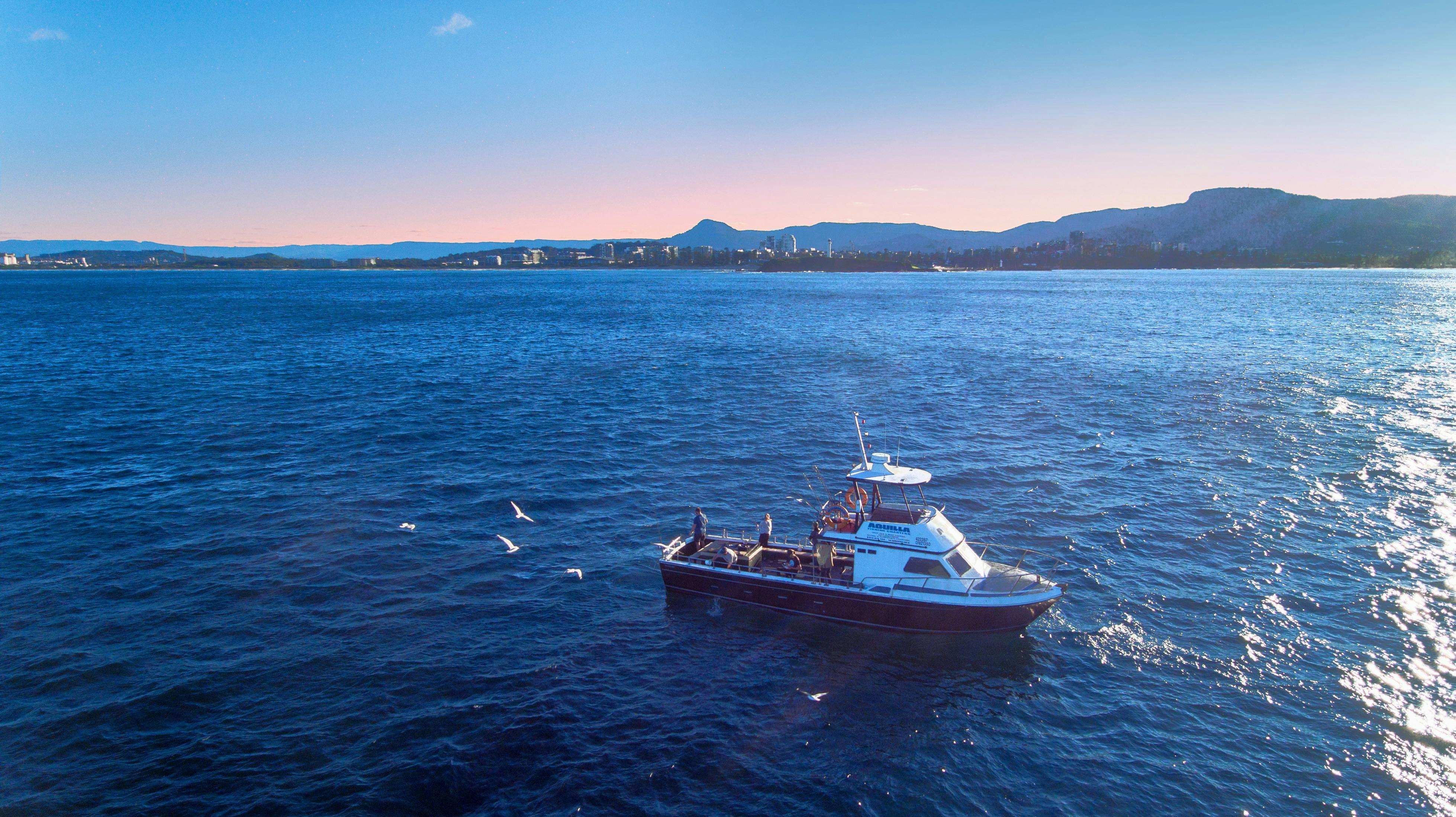 Boat cruising along the coast against the sunset
