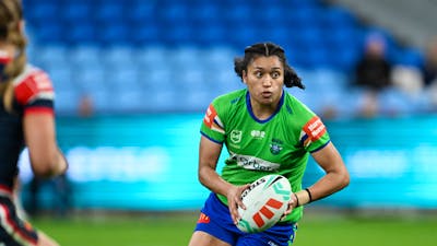 Canberra Raiders NRLW player Zahara Temara running the ball.