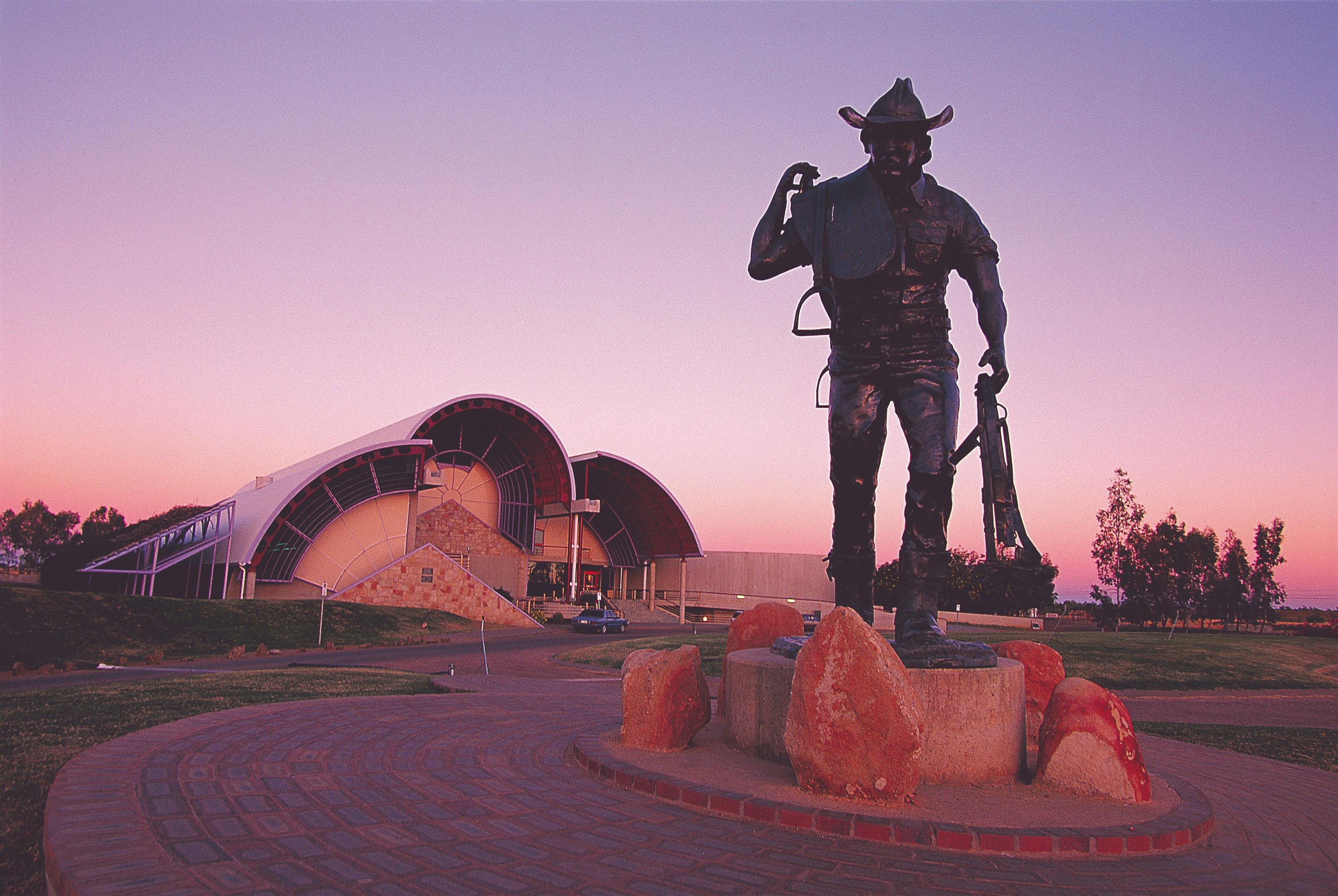 Stockman statue outside the Hall of Fame architecture, experience tours with Outback Aussie Tours.