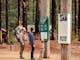 family of four reading the walking track information board at Masons Falls