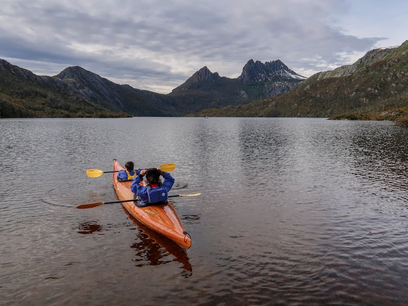 Immerse yourself in the vista on the Dove Lake Kayak in hand-built King Billy pine kayaks