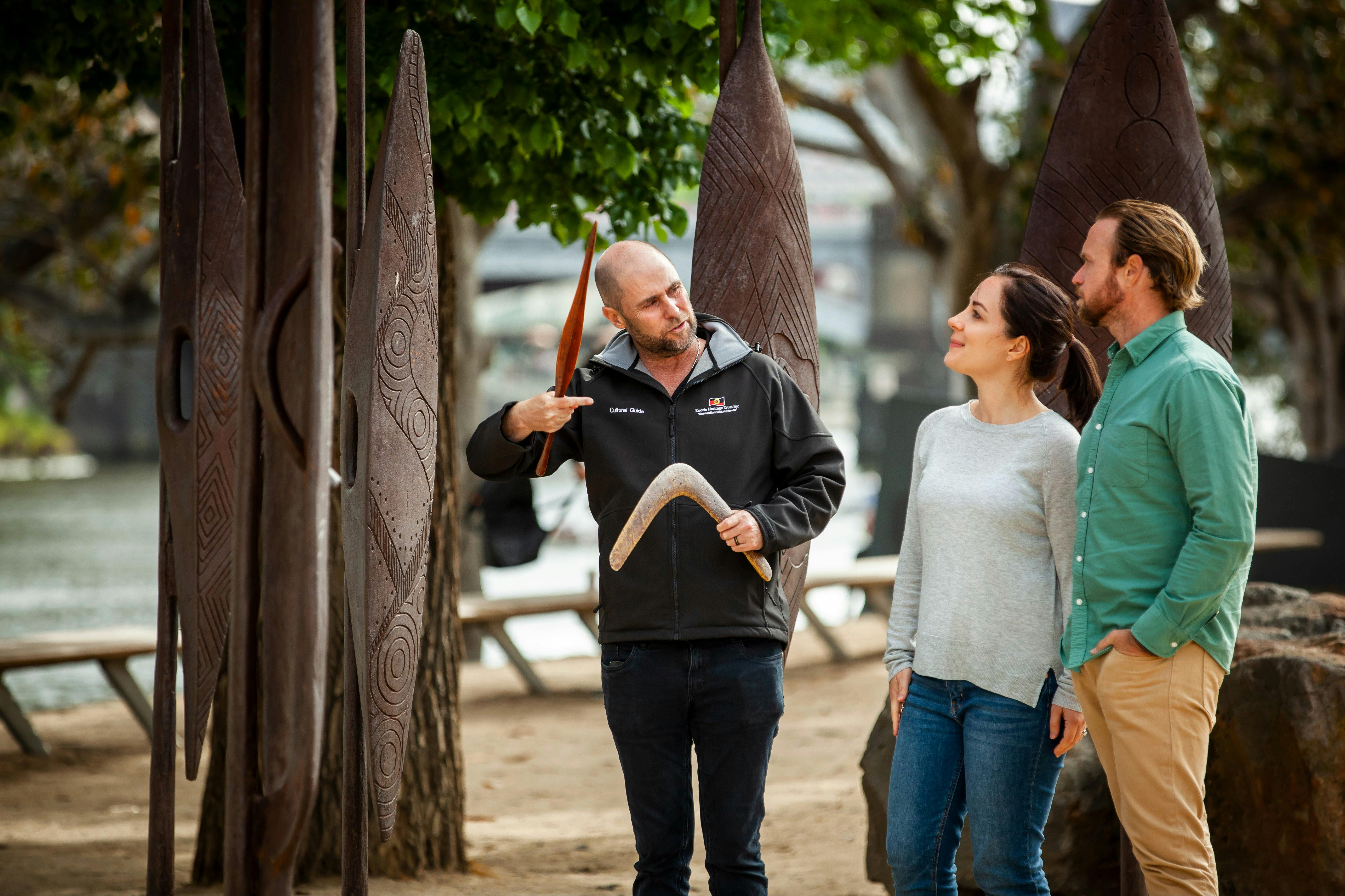 People looking at a large scar tree.