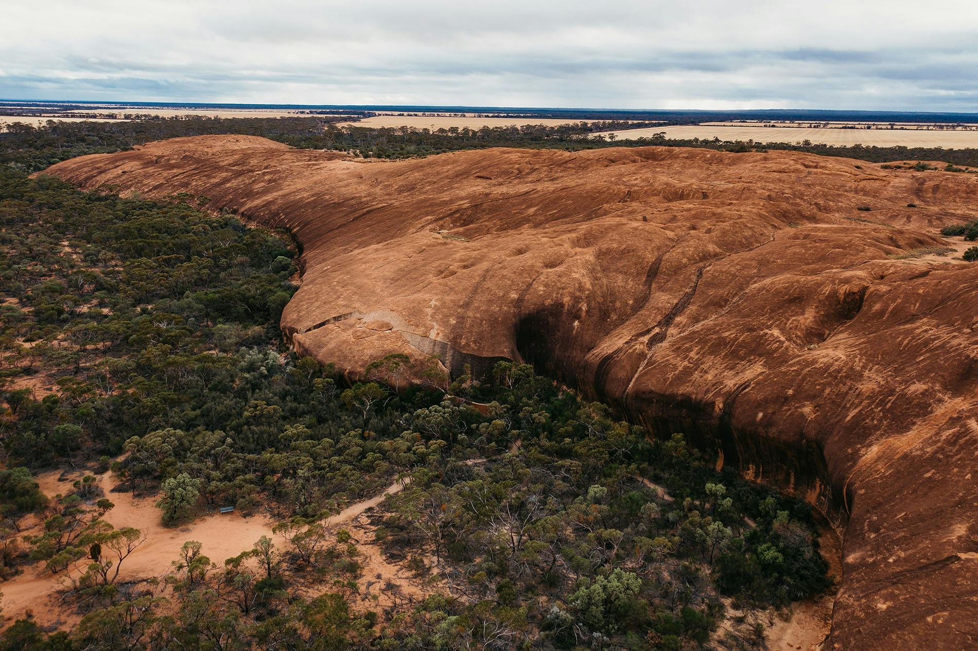 Aerial view of Elachbutting Rock near Mukinbudin