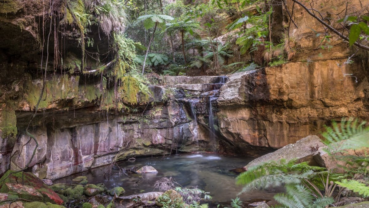A small waterfall surrounded by rockery and green moss A small waterfall surrounded by rockery and green moss