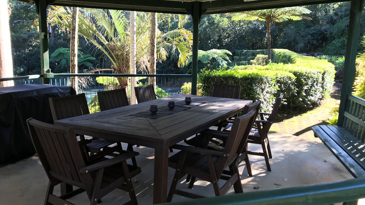 Pergola with gardens, BBQ and tennis court