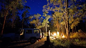 Car and camp light by fire.