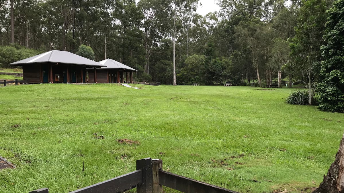 Shelter shed sits in grassy open space fringed by forest.