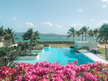 A beautiful outdoor pool with bright flowers and ocean views in the background.