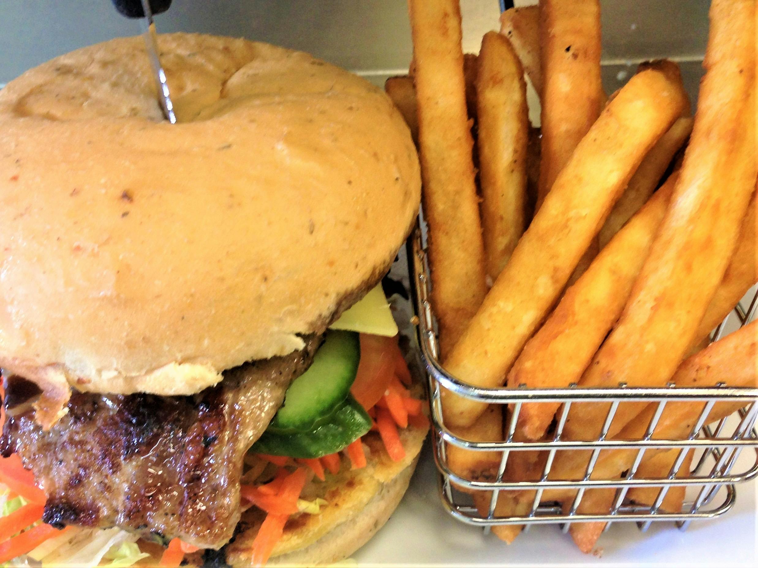 Flavours Café hamburger and chips