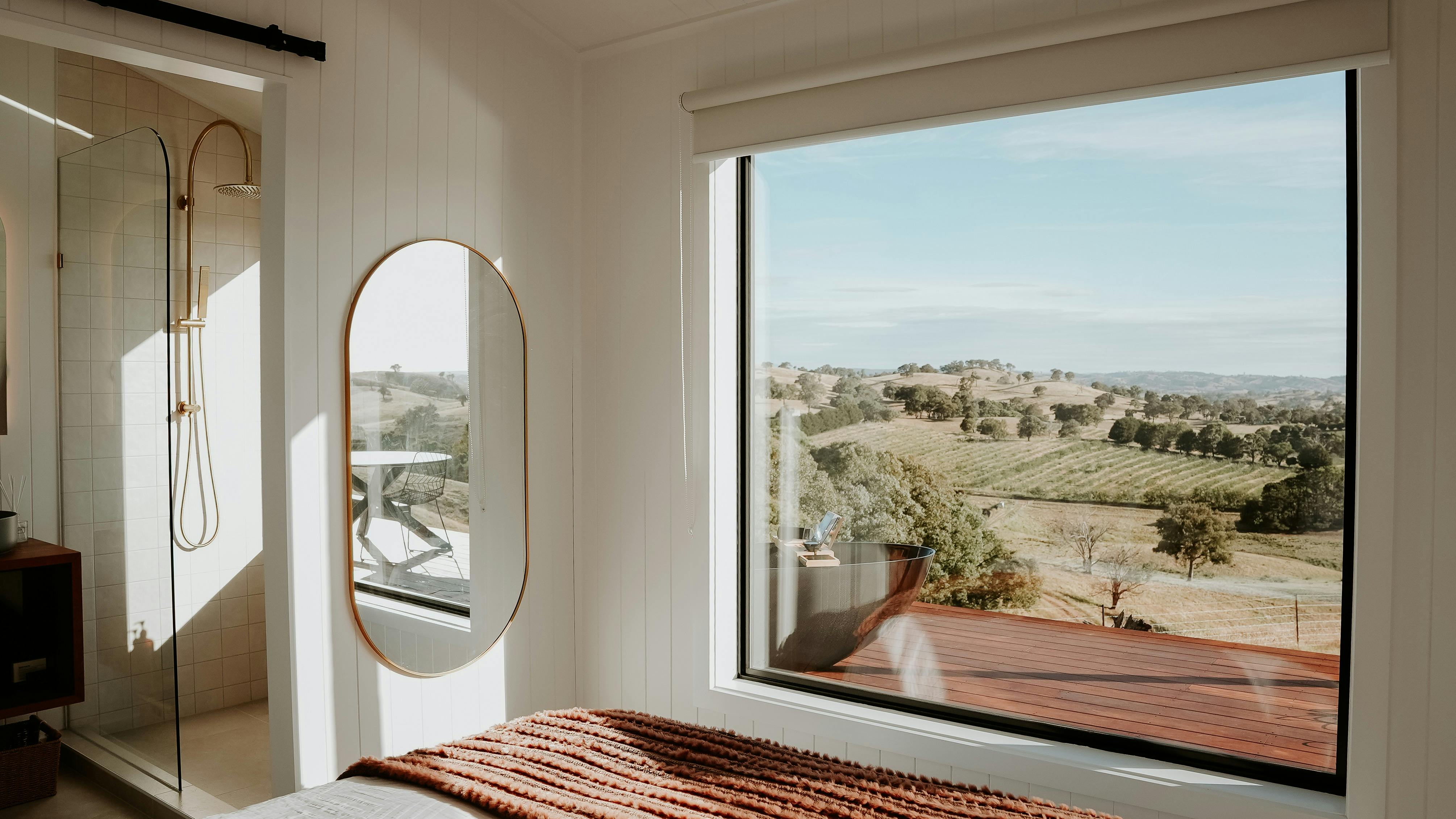 Bedroom view of walnut vines and lush lanscapes