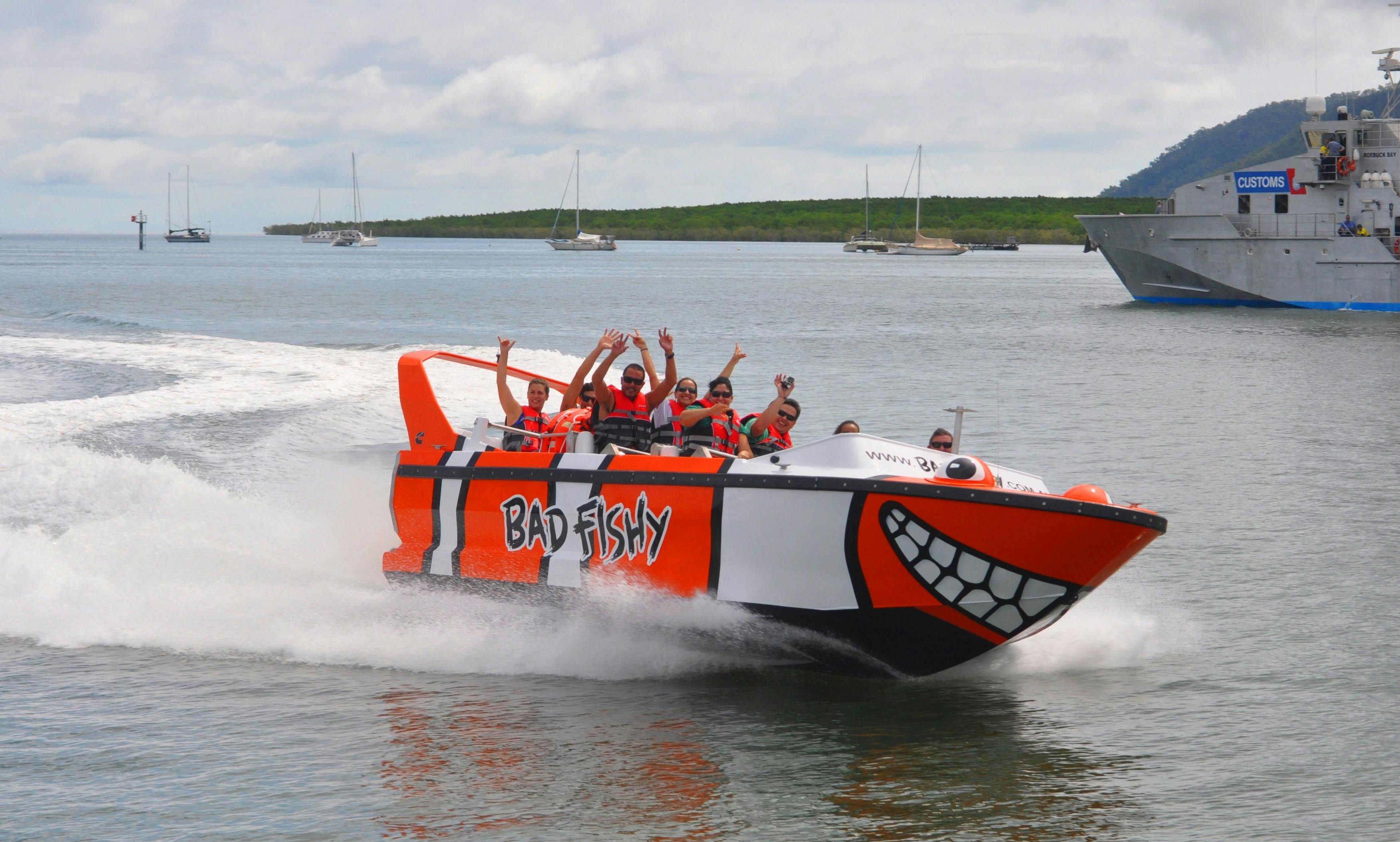 Cairns Jet Boat Bad Fishy Speeding through the Trinity Inlet in Tropical North Queensland