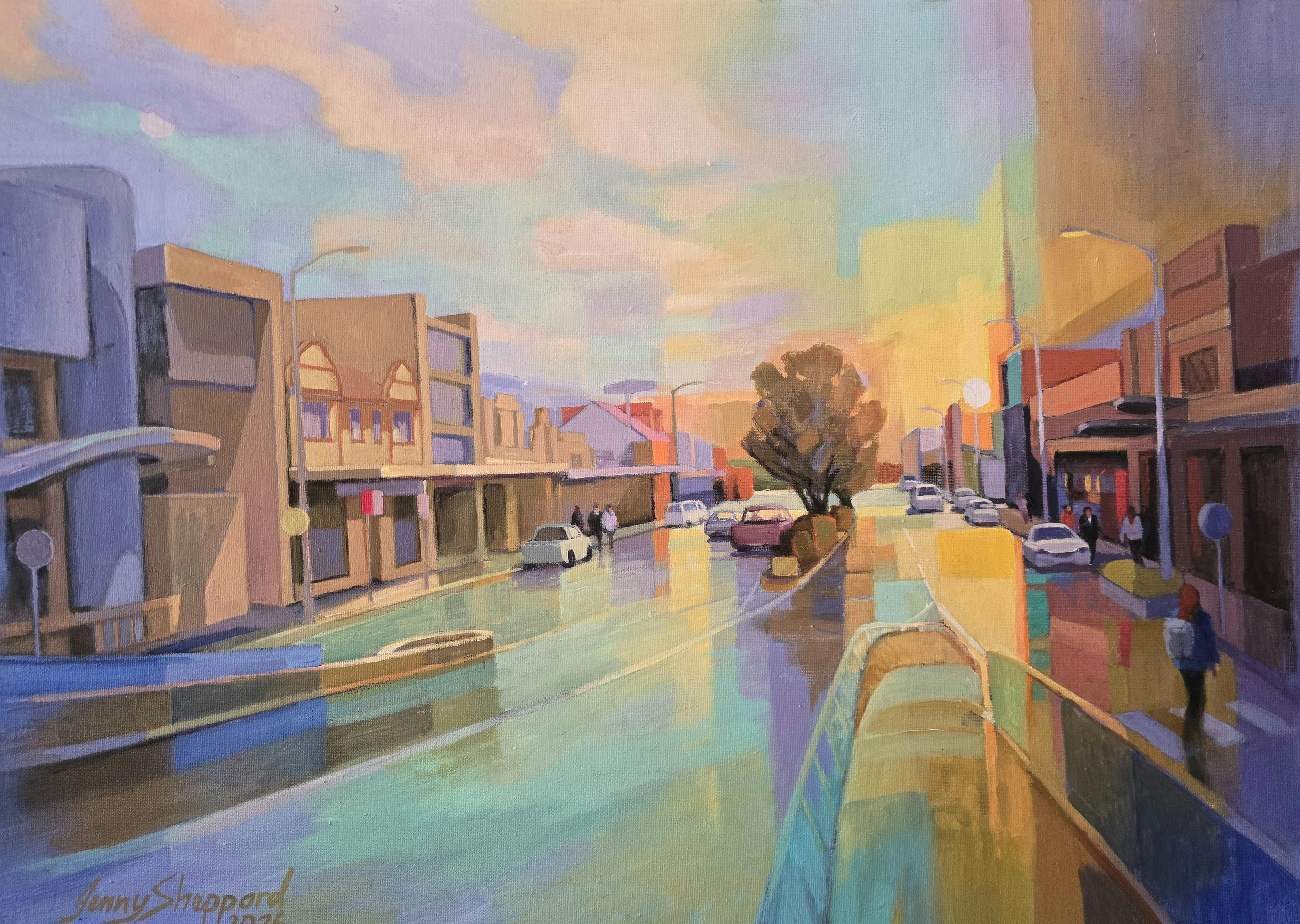 A colourful oil painting in pastel palette of Monaro street, Queanbeyan