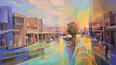 A colourful oil painting in pastel palette of Monaro street, Queanbeyan