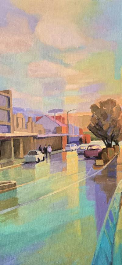 A colourful oil painting in pastel palette of Monaro street, Queanbeyan
