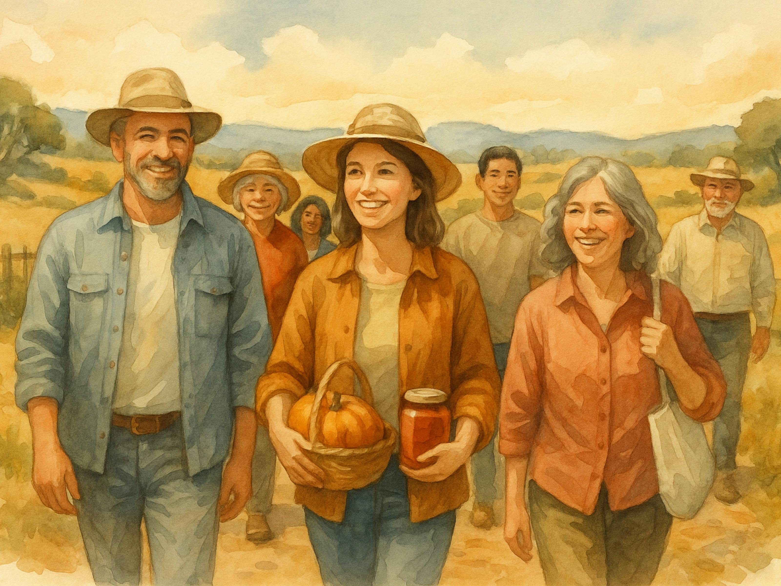 A group of tourists are exploring the region, led by a woman holding a pumpkin and a jar of jam