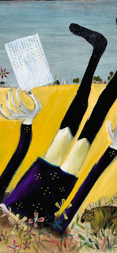 painting of a ploiceman upsidedown with his head in the ground and a magpie sitting on his rifle