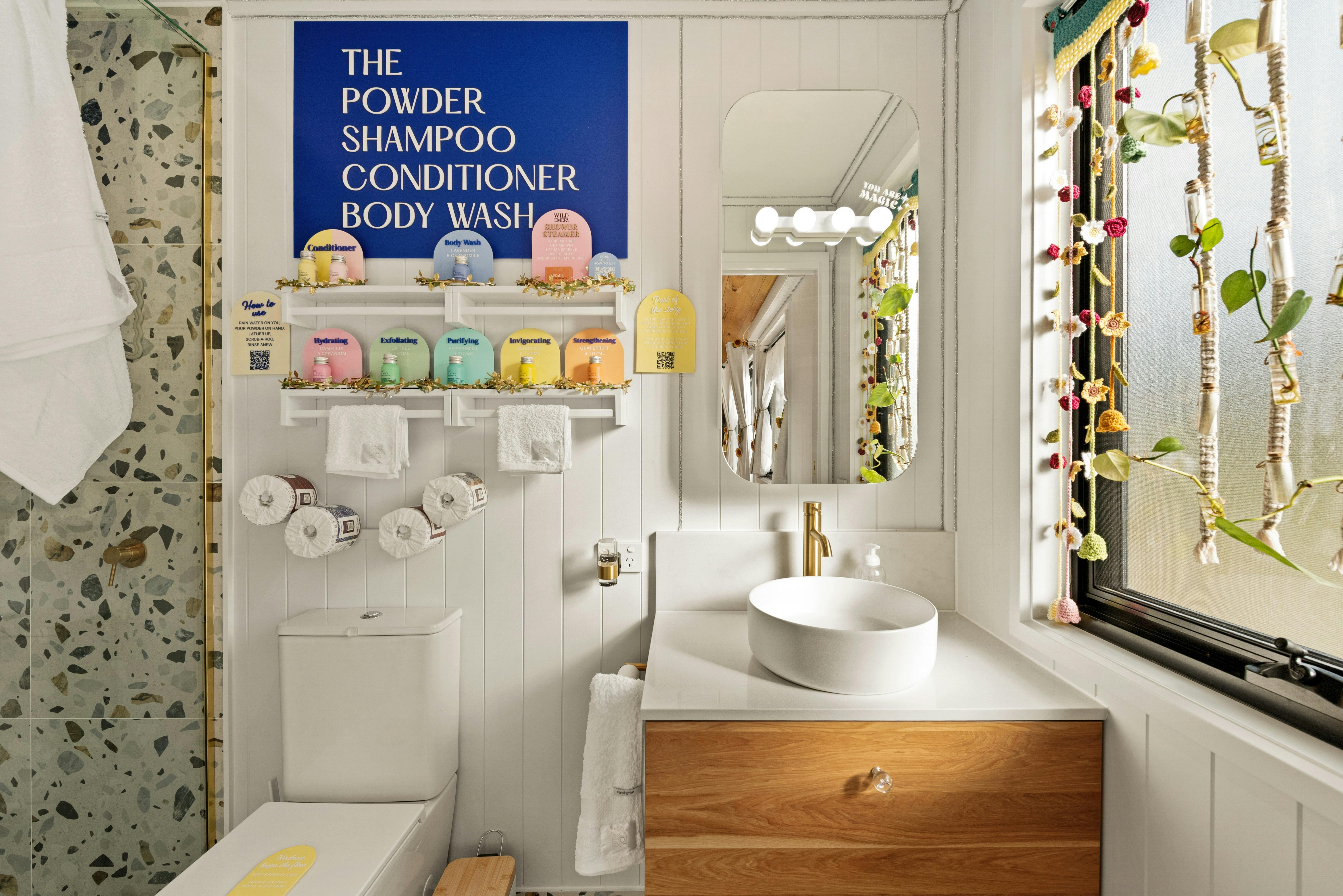 Interior of bathroom showing toilet, basin and shampoo wall