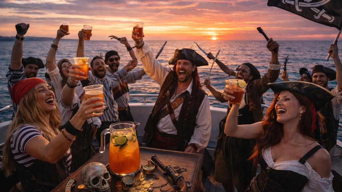 People in pirate costume in revelry on the deck of a boat People in pirate costume in revelry on the deck of a boat