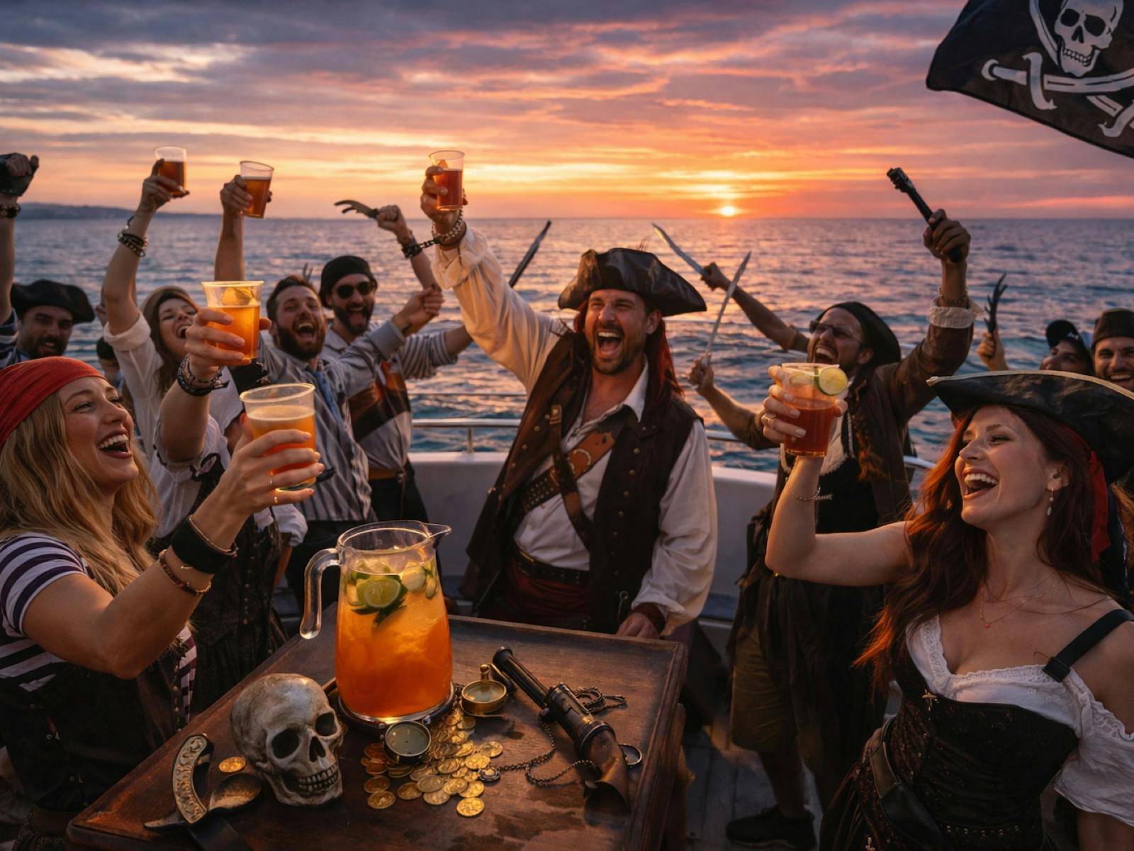 People in pirate costume in revelry on the deck of a boat People in pirate costume in revelry on the deck of a boat