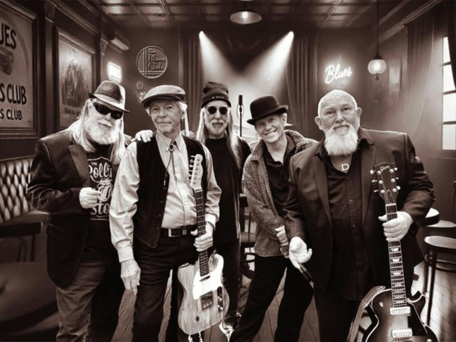 Five blues band members posing with their guitars