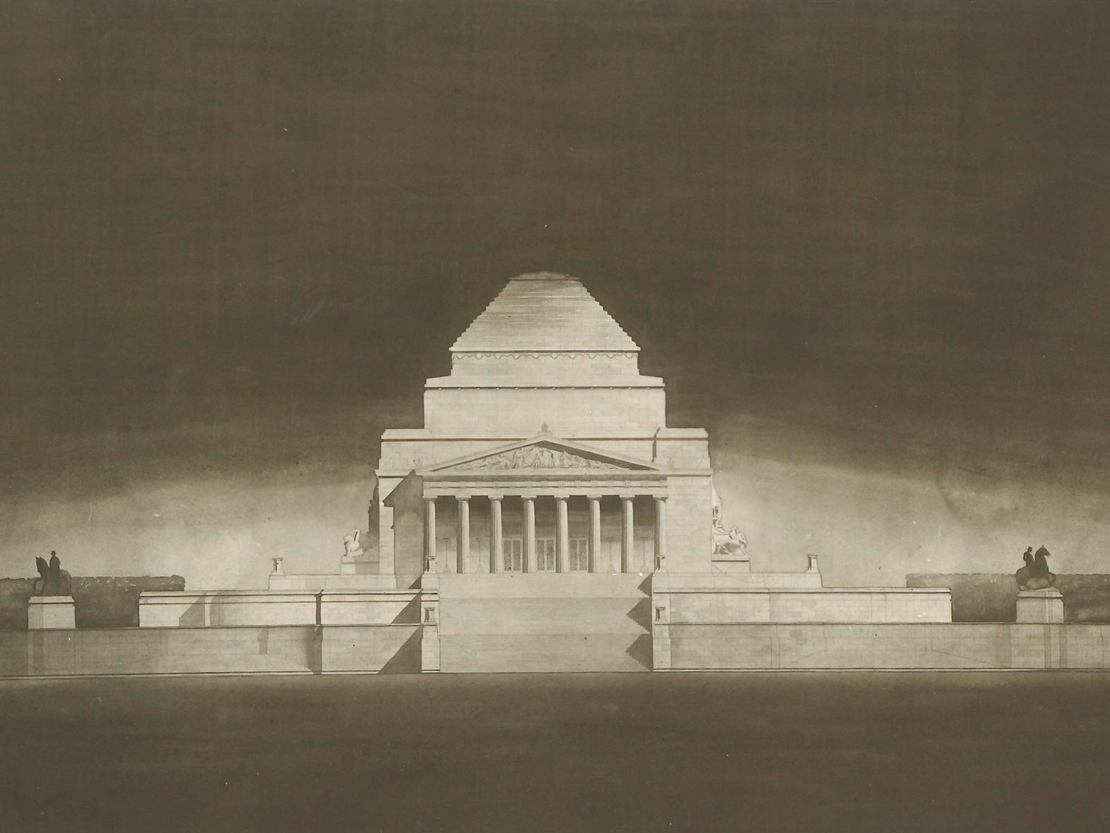 Sepia toned Architectural drawing of the Shrine of Remembrance