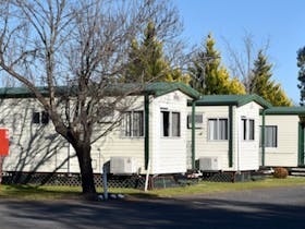 Three cabins lined up with tree in foreground