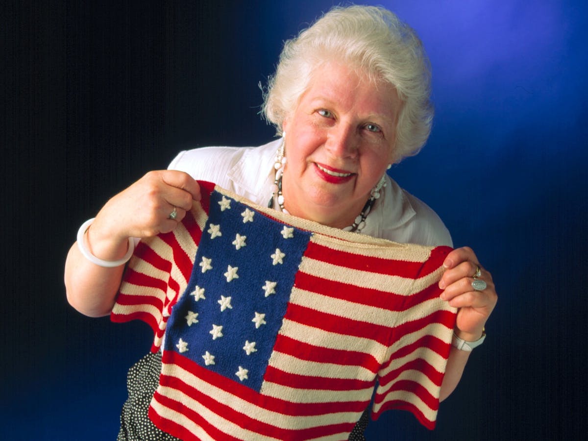 Australian war bride Audrey Capuano with the American 'stars and stripes' jumper that she knitted