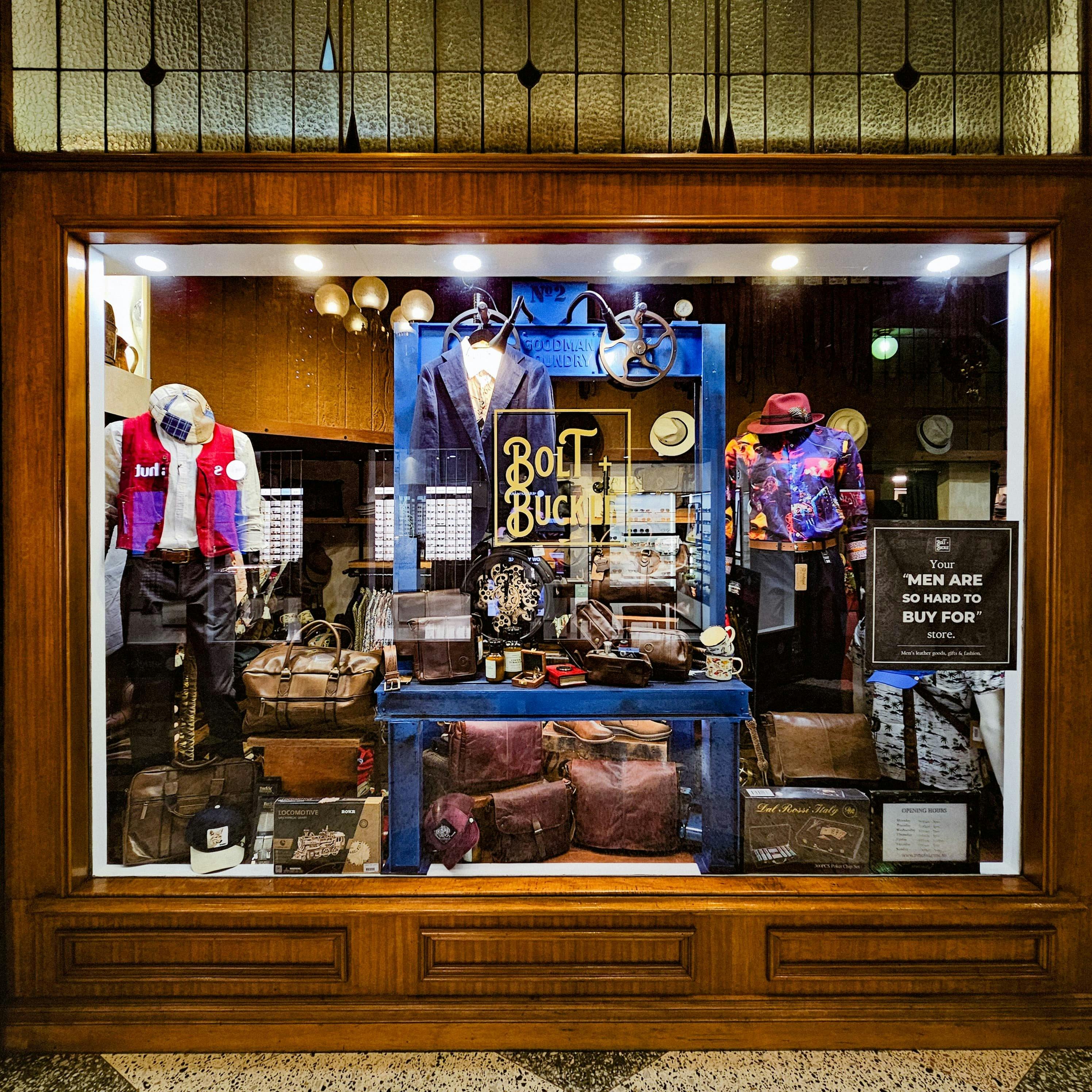 olt + Buckle's window in the heritage Brisbane Arcade, your 'men are so hard to buy for' store