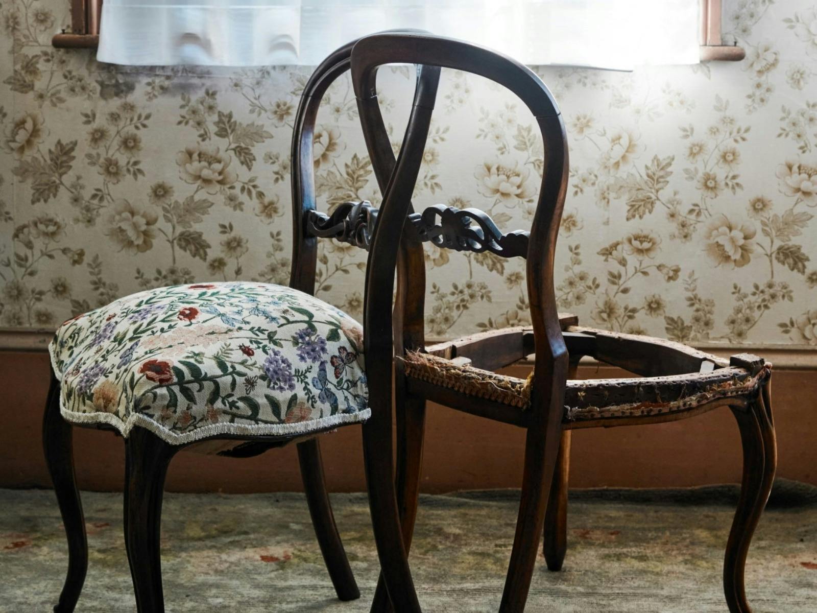 If only chairs could talk, Leonie Evans, 2026, timber, tapestry, coconut fibre, metal.
