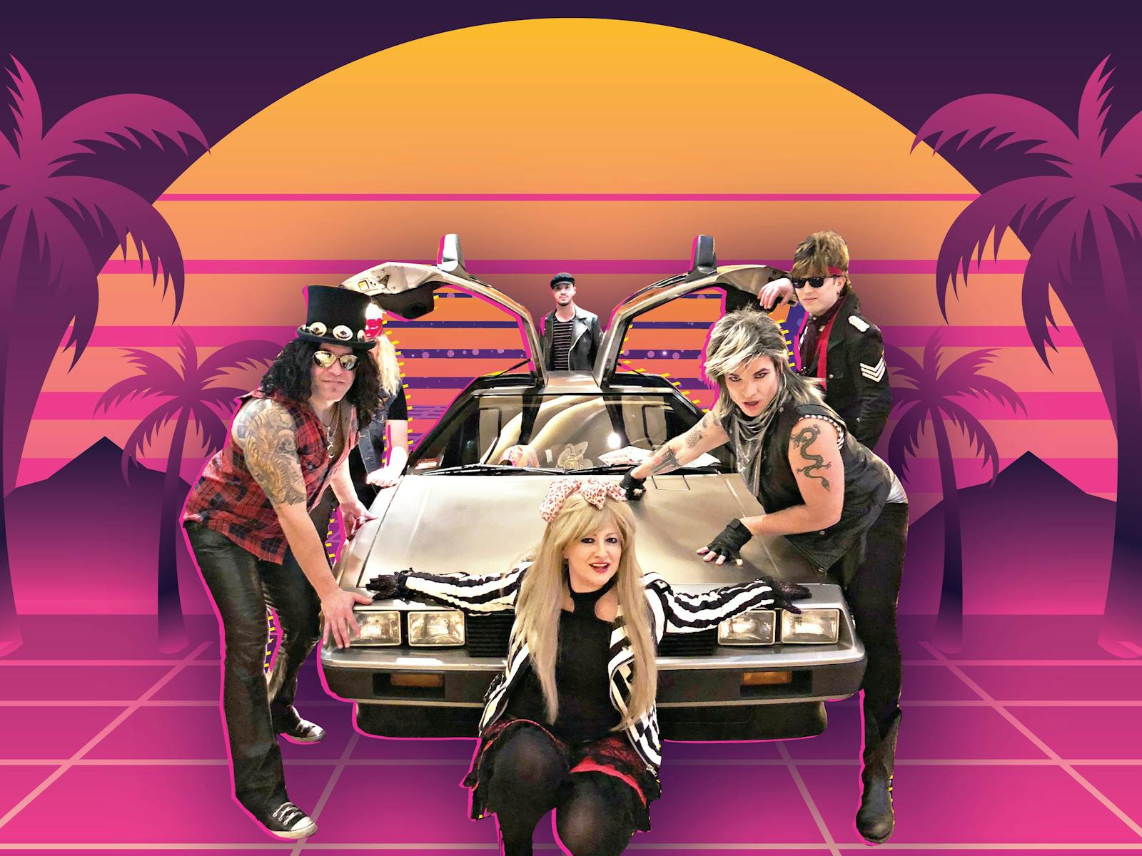 5 people dressed in 80s fashion pose around a dorlean car