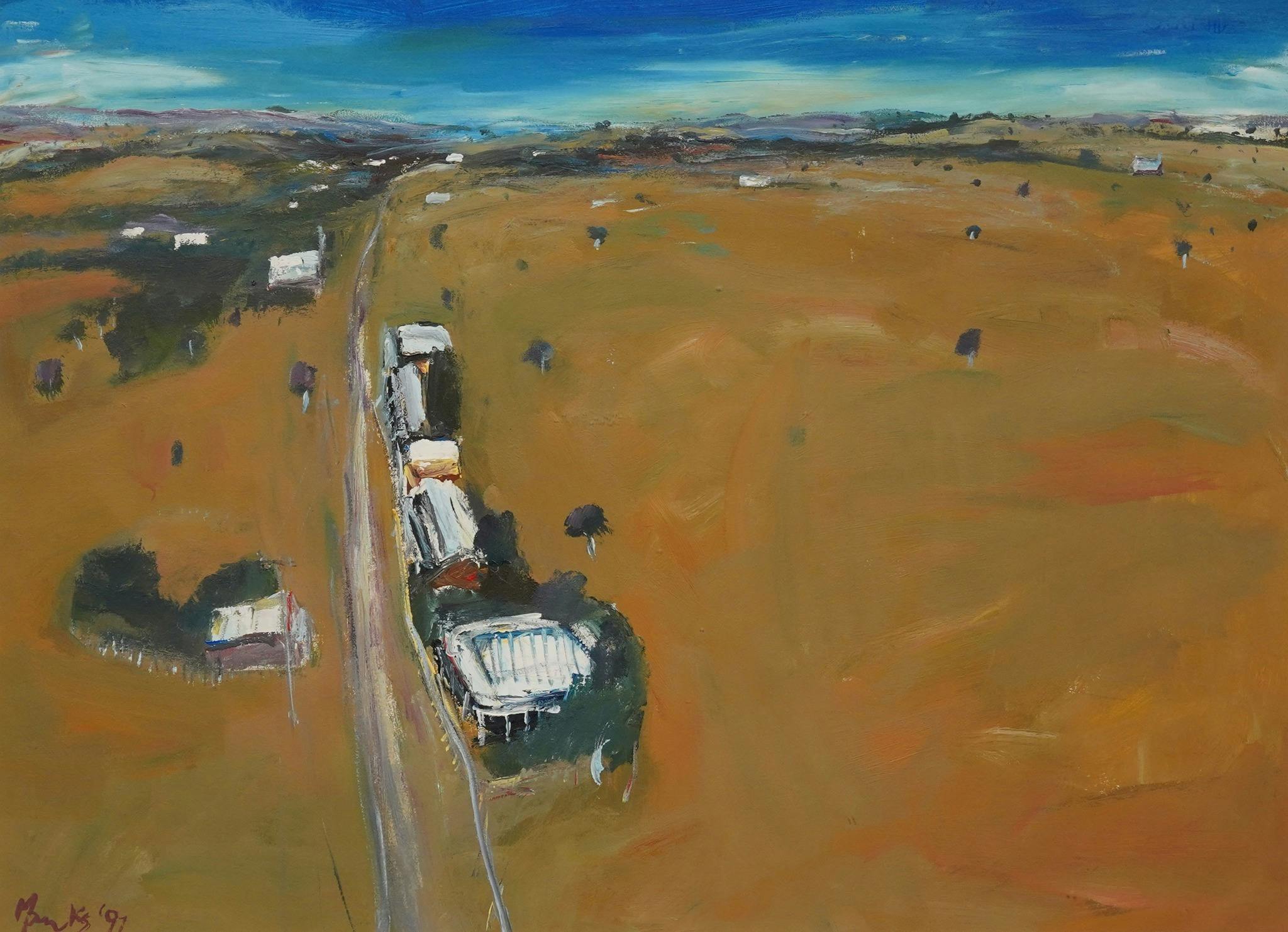 Overhead abstract painting of buildings in an outback landscape