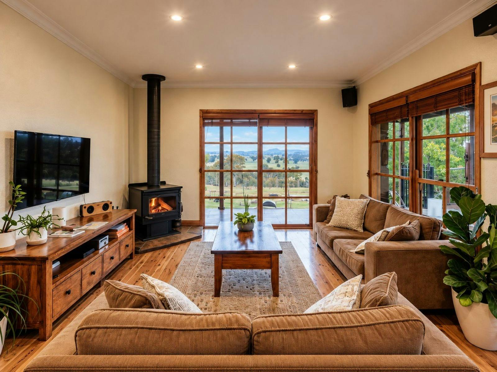 Interior photo of Stone Creek Cottage featurng wooden floor, sofas, fireplace
