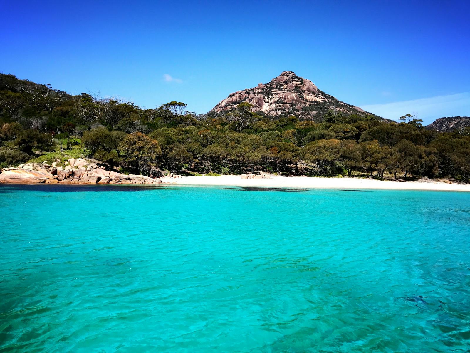 View from Freycinet Charters when coming up to Crocketts Beach, the water is an amazing colour!