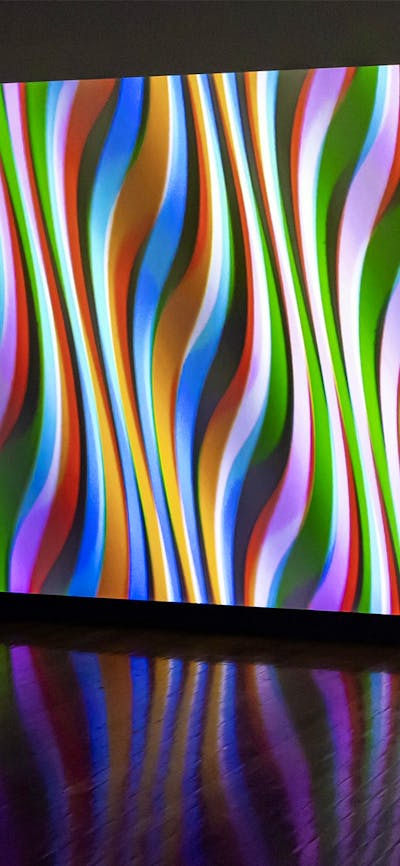 Installation of Taree Mackenzie’s RGB Wave, 2025, in Light Source at the ANU Drill Hall Gallery.