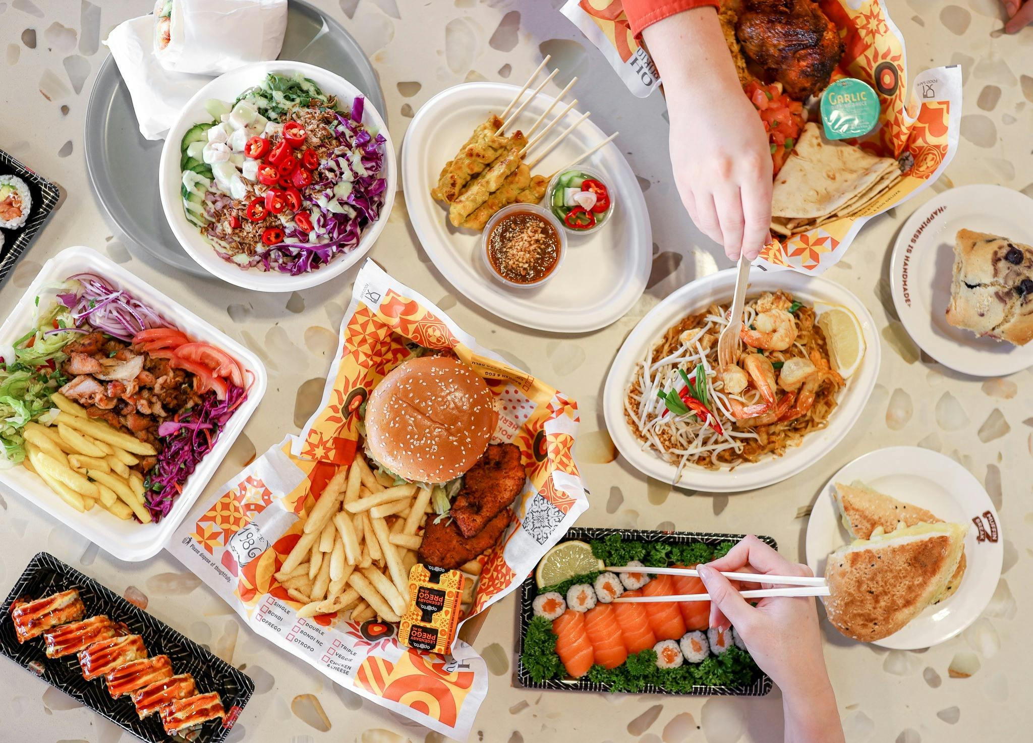assortment of food from the Food Court