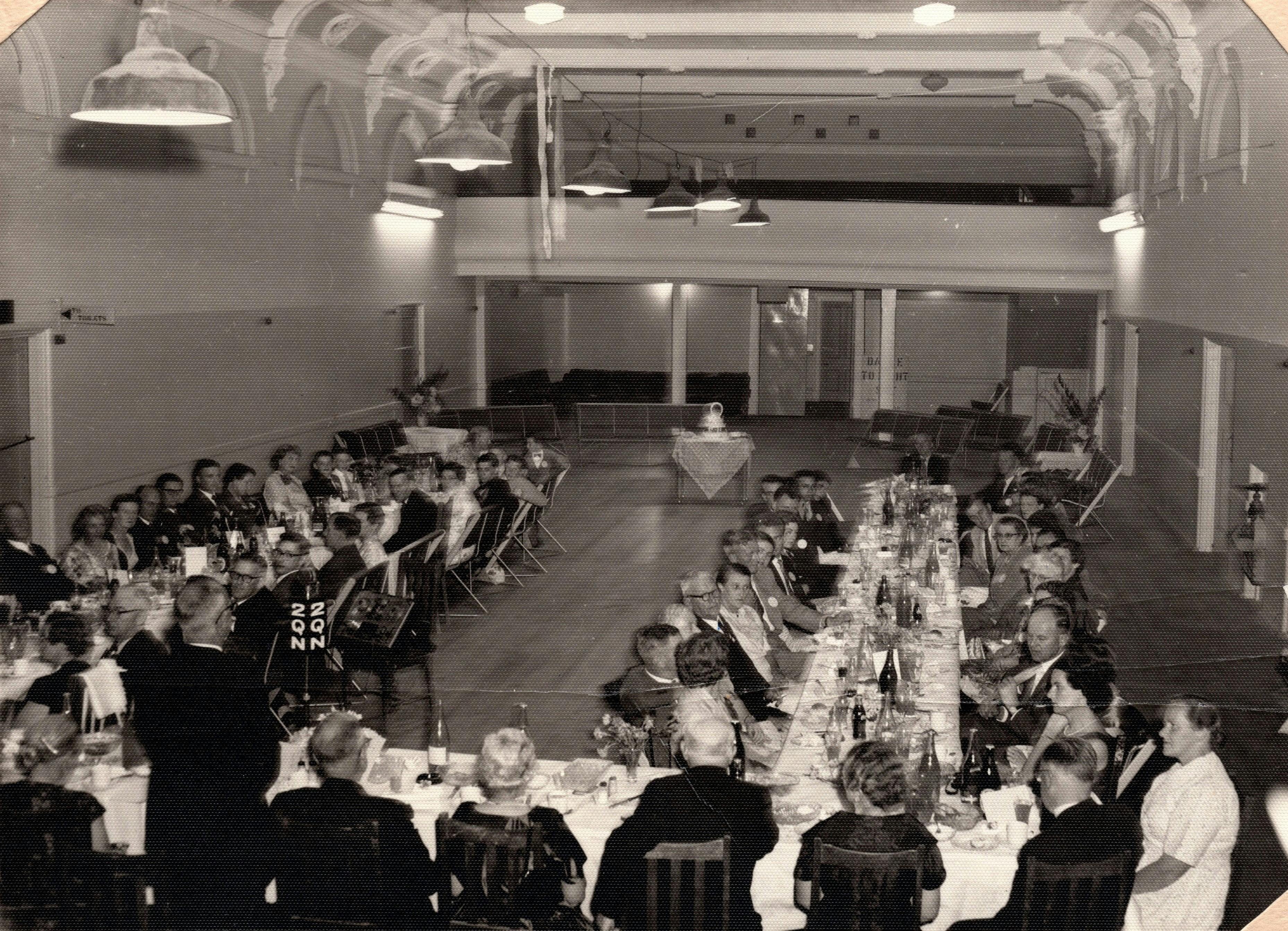 A vintage photo of a 1958 dinner in the Deniliquin Town Hall