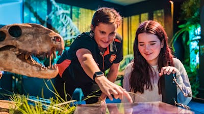 Tour Director, Nicole, points to a plague with teenage girl