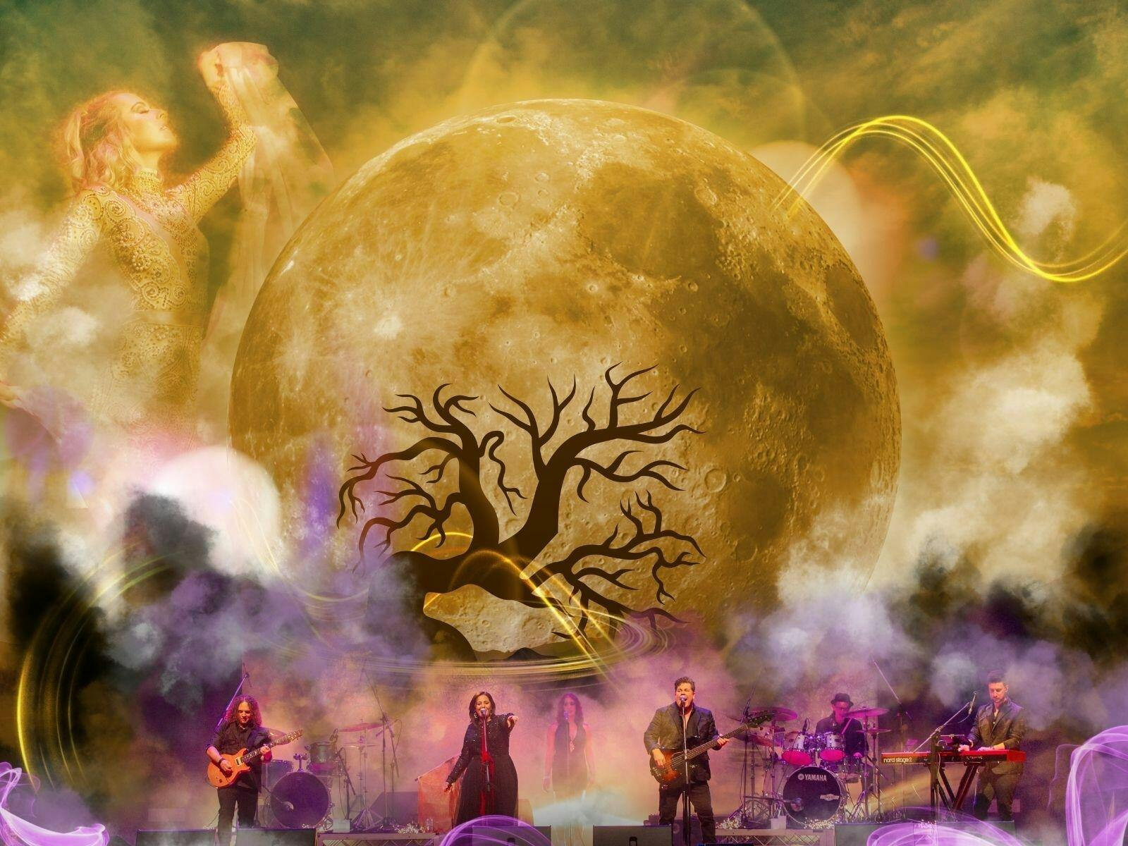A graphic of a yellow moon and a tree with several shadowed figures