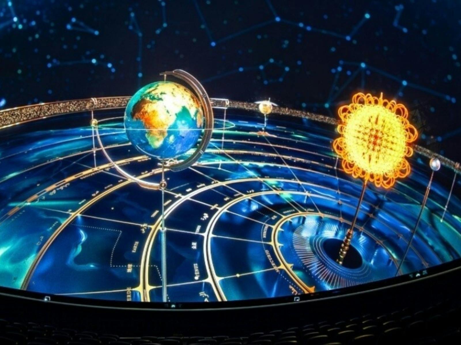 A digital planetarium-style display showing a glowing model of the solar system.