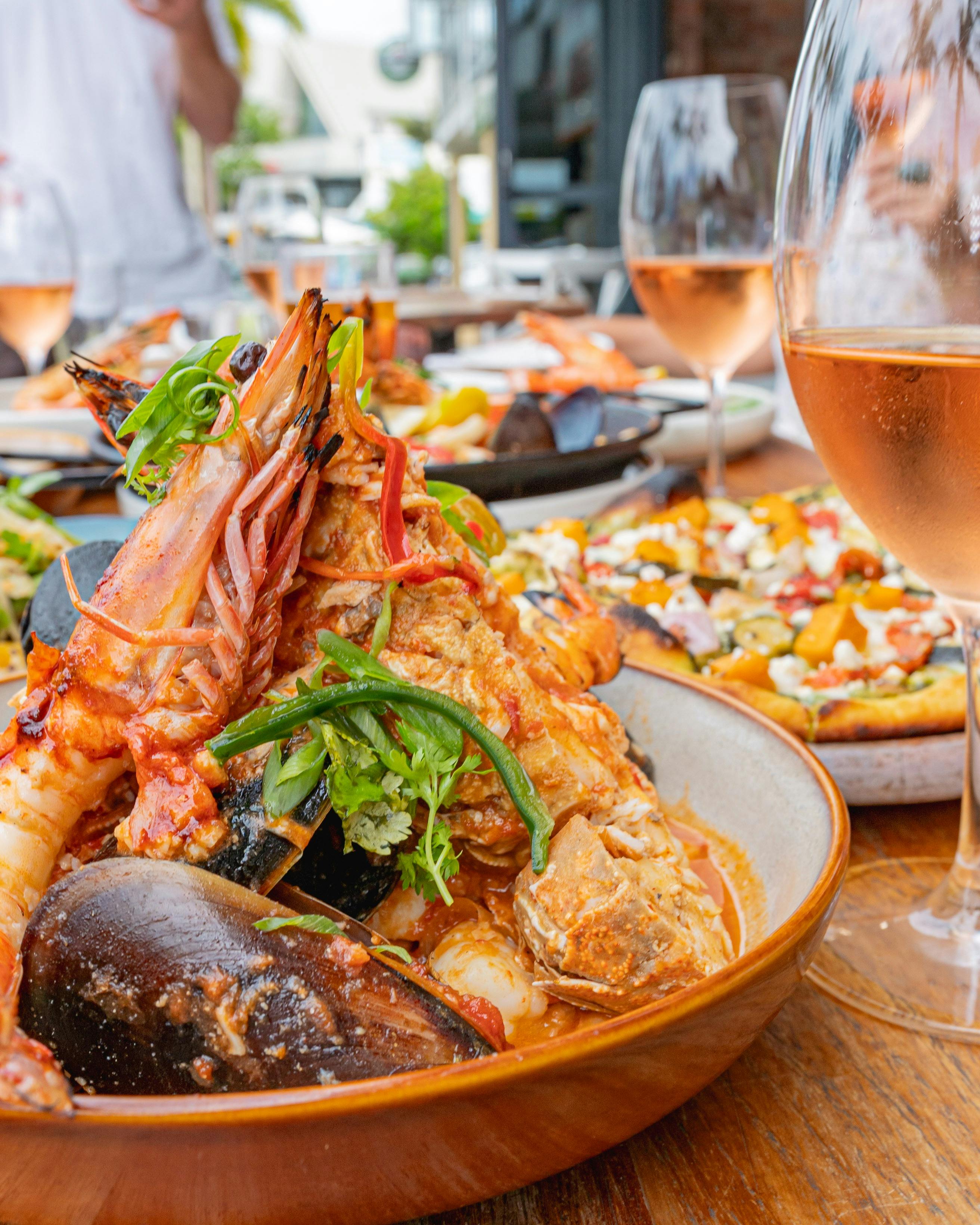 pizzas, risottos, wine, seafood