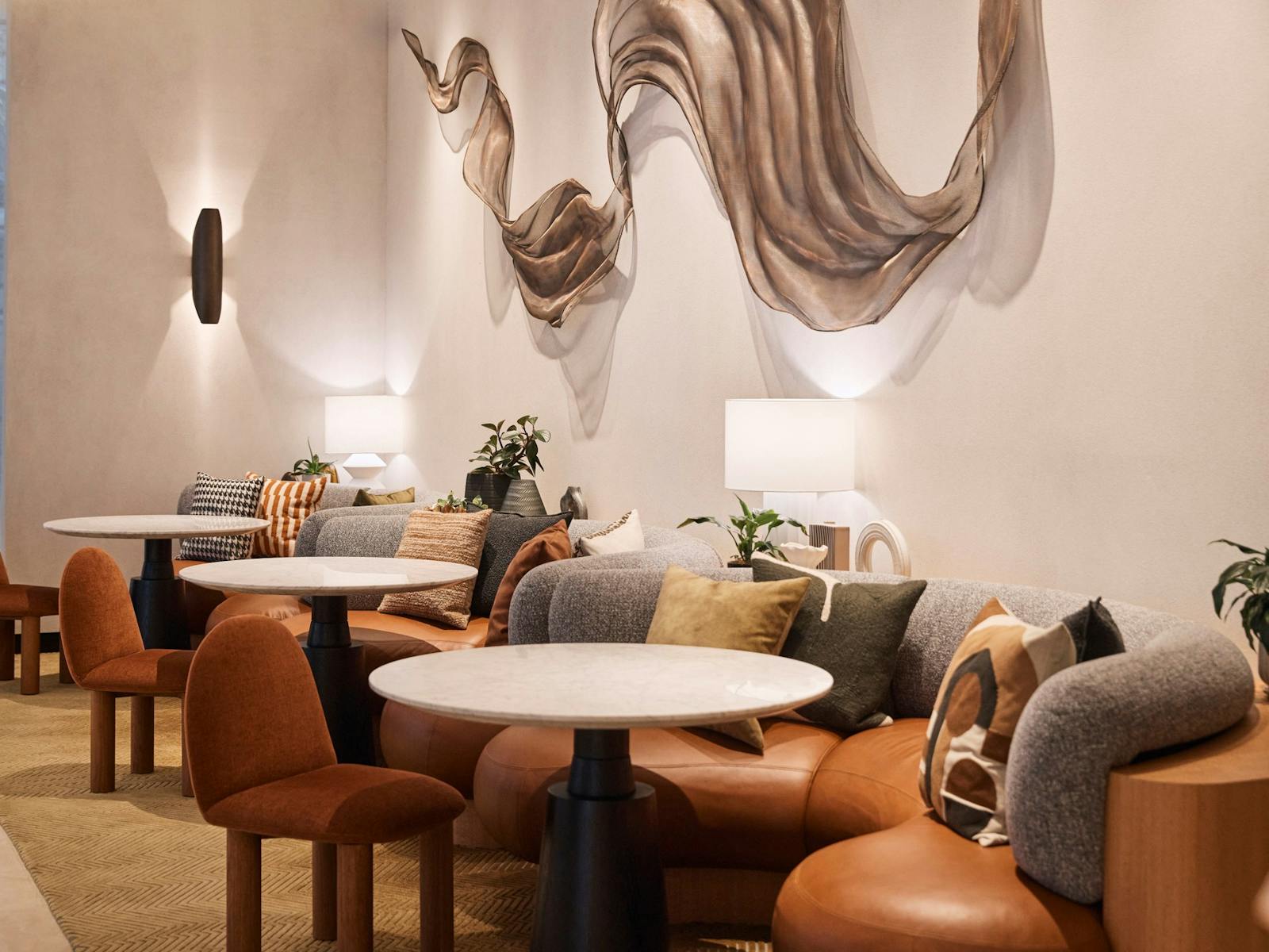 Banquet seating and artwork in lobby