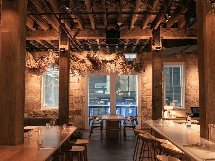 Inside of ground floor restaurant of Hinchcliff House, Grana, including hanging wool design