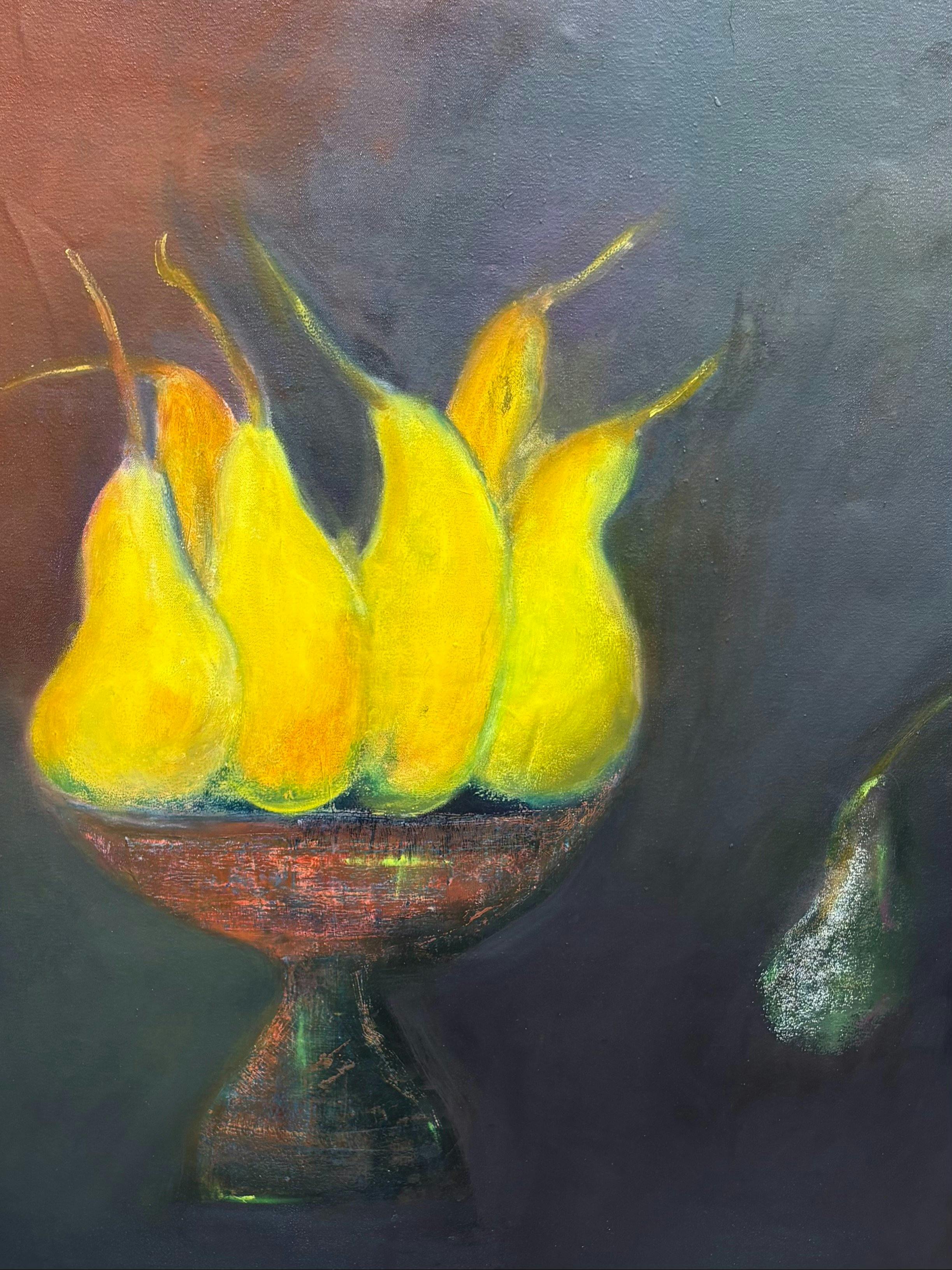 painting of yellow pears in a fruit bowl. A blackened pear sits beside it.