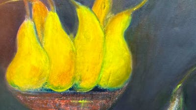 painting of yellow pears in a fruit bowl. A blackened pear sits beside it.