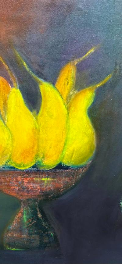 painting of yellow pears in a fruit bowl. A blackened pear sits beside it.