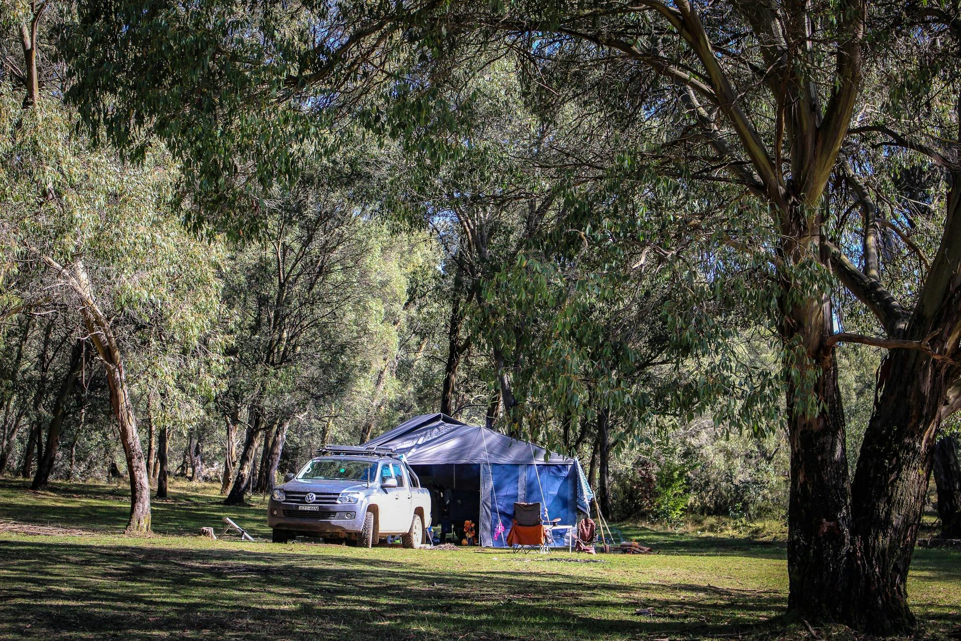 camping under the gumtrees at Paddys River Dam