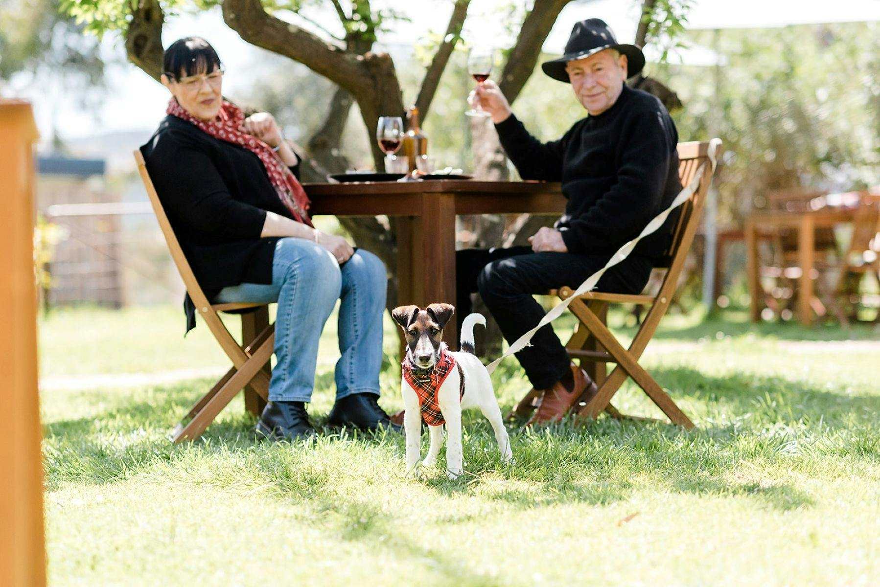 two people at a table drinking wine with their dog standing by the table