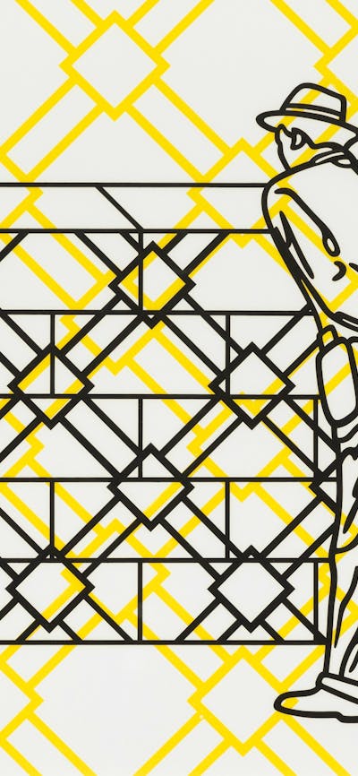 Detail of yellow and black screen print by Peter Tynall, shows a man looking at a wall.