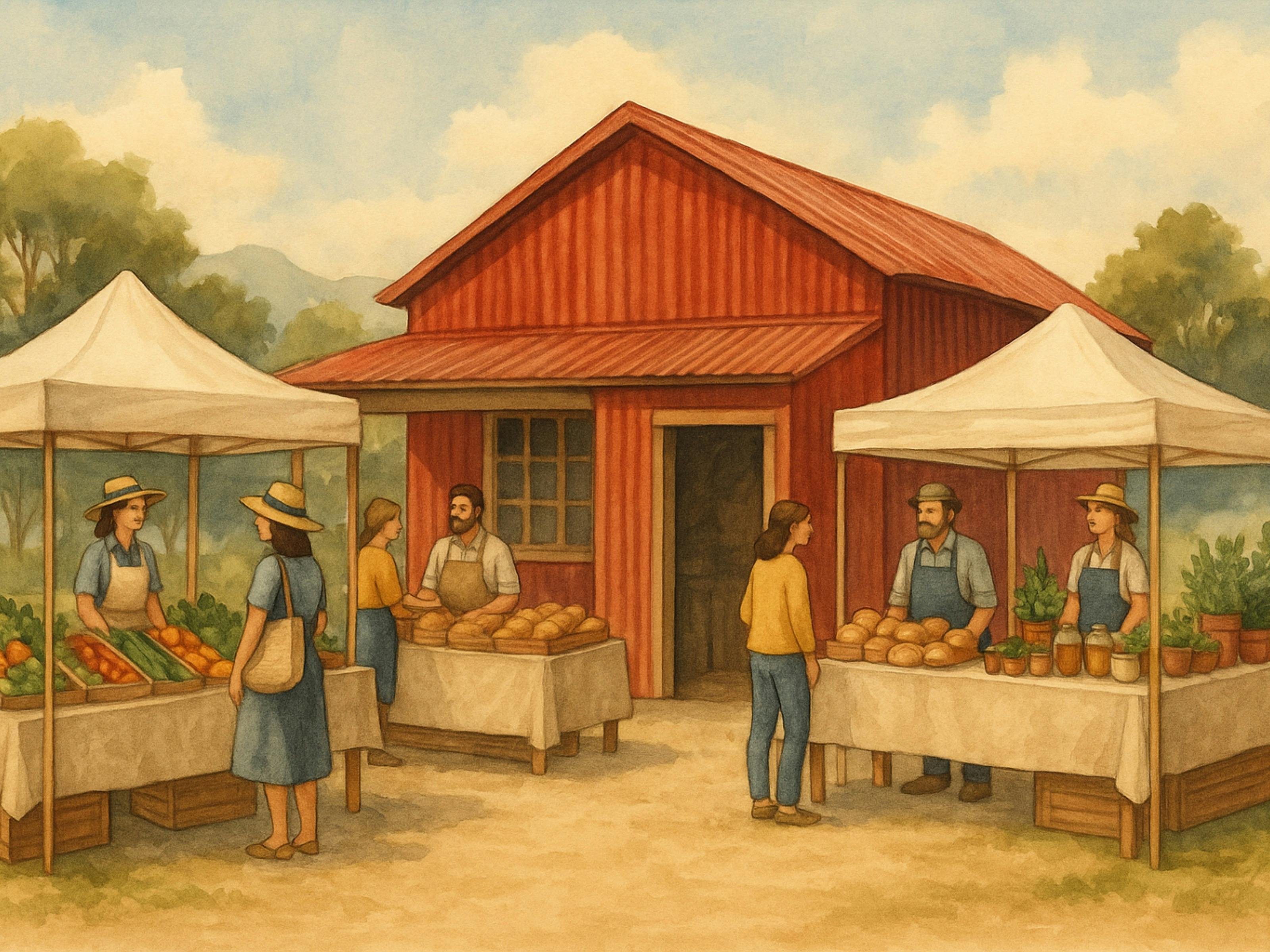 Outside a red tin building, some market stalls are setup and customers are shopping